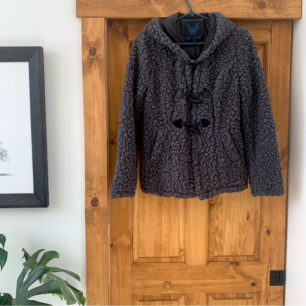NWOT Go Coco super fun and fluffy grey toggle jacket size Small